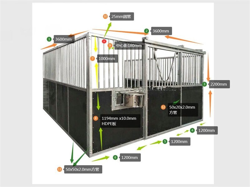 An interior view of a horse stable with multiple stalls, showcasing a combination of wood and metal materials, well-lit and organized.