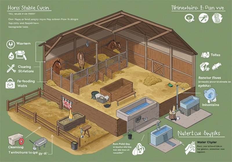An isometric illustration of a horse stable interior, labeled "Horss Stable Cvein." It shows several horses in stalls, hay on the ground, and various pieces of stable equipment, including water troughs, feed buckets, and grooming tools. The diagram also features icons and placeholder text explaining different aspects of stable function and care.