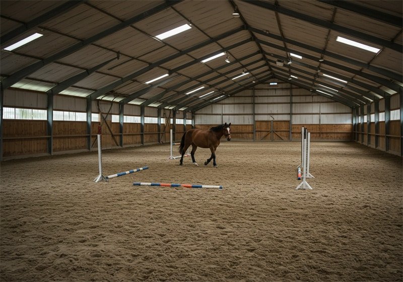 Indoor arena set up with FEI standard show jumps and training obstacles