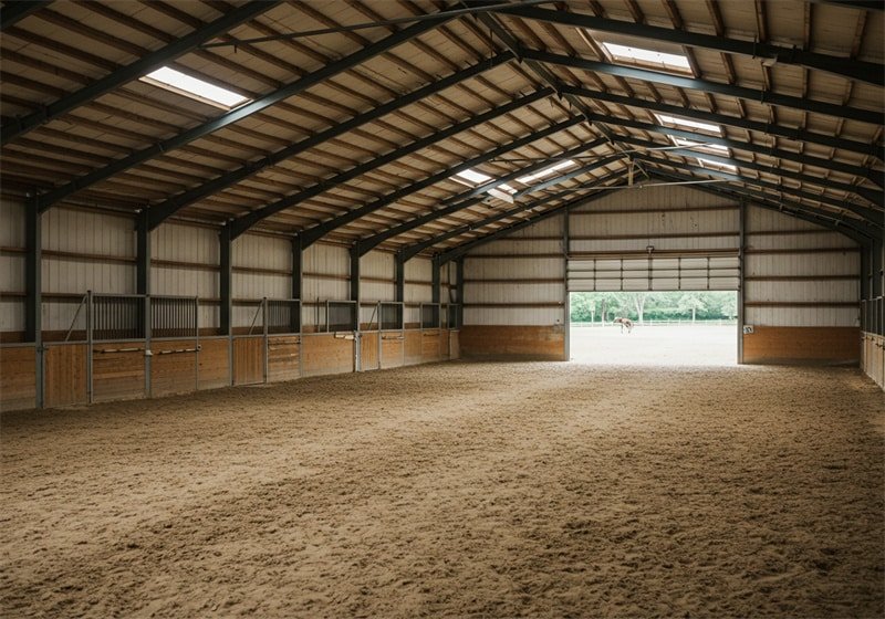 Das Innere einer großen, gut beleuchteten Reithalle oder eines Stalls. Der Boden ist mit Sand bedeckt. Das Gebäude verfügt über eine hohe, gewölbte Metalldecke mit Oberlichtern, und an einer Seite befinden sich Pferdeboxen mit Holz- und Metallwänden. Am anderen Ende gibt eine große offene Tür den Blick auf eine grüne Wiese mit einem Pferd frei.