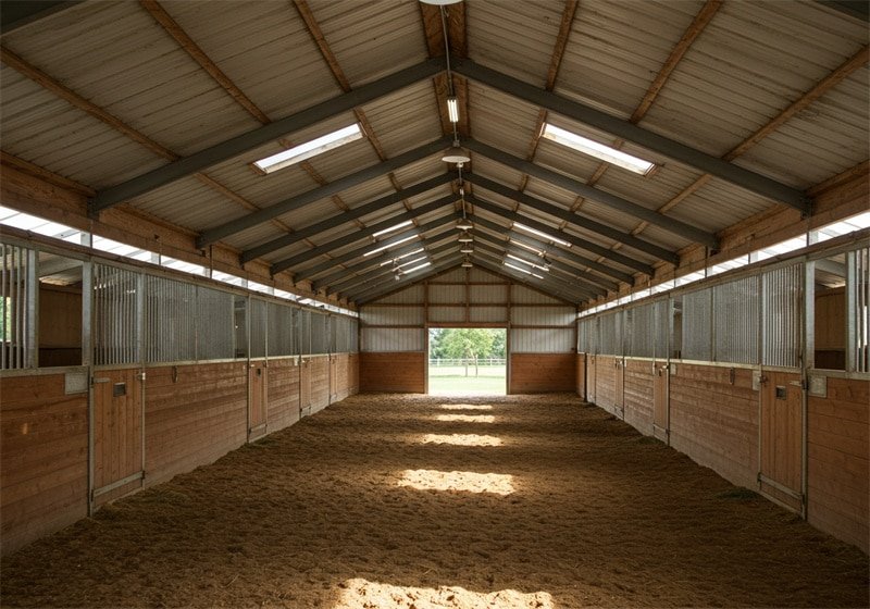 Modern horse barn interior featuring wooden stall doors, steel frame construction, natural lighting through roof skylights, and spacious central aisle with dirt flooring for equestrian facilities