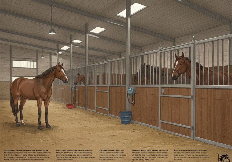 An illustration of the interior of a horse stable with several horses in individual stalls. One brown horse stands prominently in the foreground in the aisle, while others peek out from their stalls on the right side. The stable has overhead lighting, an open, airy feel, and a concrete floor.