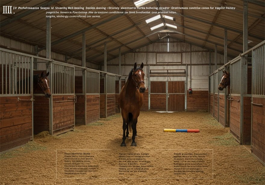The interior of a horse stable with a brown horse standing centrally in the dirt aisle, facing the viewer. Horses are visible in wooden stalls with metal bars on both sides. Piles of hay are on the ground near the stalls, and colorful training poles are in the foreground. The barn features a high ceiling with exposed metal framing and an open window or door at the far end.