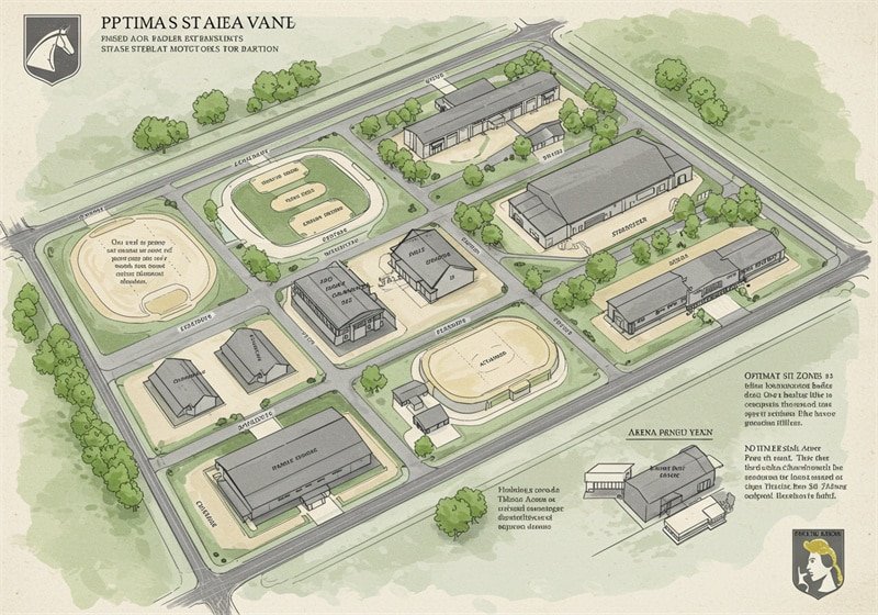 An infographic illustrating optimal site layout for phased modular expansion, highlighting different zones for stables, arenas, and support facilities.