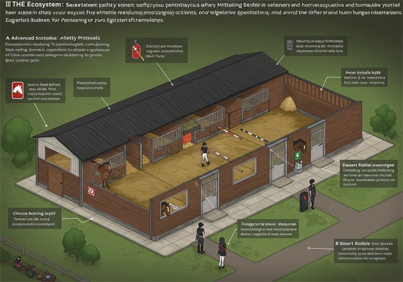 An isometric cross-section illustration of a "smart stable" building, focusing on its ecosystem. The exterior shows a horse in a small paddock beside the stable. Inside, the stable features several horse stalls, some occupied by horses, and a central aisle where people are interacting with them. Various technological elements are highlighted with icons and text boxes, suggesting advanced features like "A Advanced Sociosolos," "Smart Stribble," and "Chrooe bchring toyGV." These descriptions are a mix of English and fictional language, pointing to features such as smart feeders, environmental controls, and connectivity. The overall impression is a modern, integrated equestrian facility.