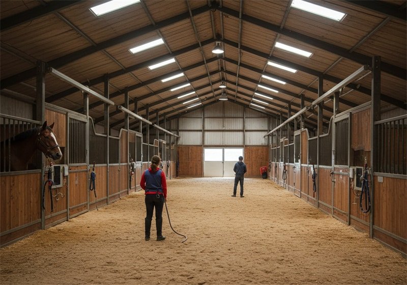 A long, well-lit stable aisle with rows of wooden and metal stalls on either side, filled with sand bedding. A bay horse looks out from a stall on the left, while two people stand in the aisle, one holding a lead rope.