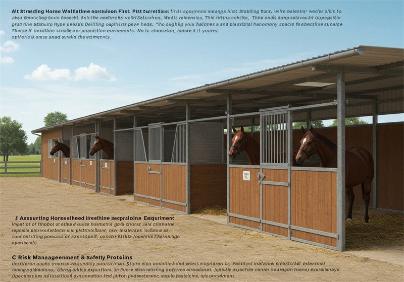 A row of outdoor horse stalls with a shed-style roof, featuring wooden lower panels and metal grates. Several horses are visible, looking out from their individual stalls onto a sandy outdoor area. The overall structure is open-sided, providing shelter from above.