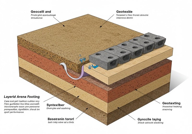 Cross-section diagram illustrating layers of high-performance arena footing, including sand, synthetic fibers, geotextiles, and geocells, noting their benefits.