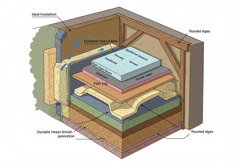 Cross-section diagram of an ideal stable wall, highlighting layers of insulation, durable interior materials, and rounded edges.