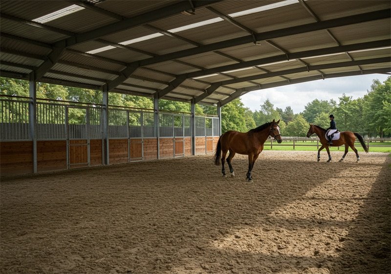 A spacious, open-sided covered riding arena with sand footing. A brown horse stands in the foreground, while a rider on another horse trains in the background, surrounded by green trees.