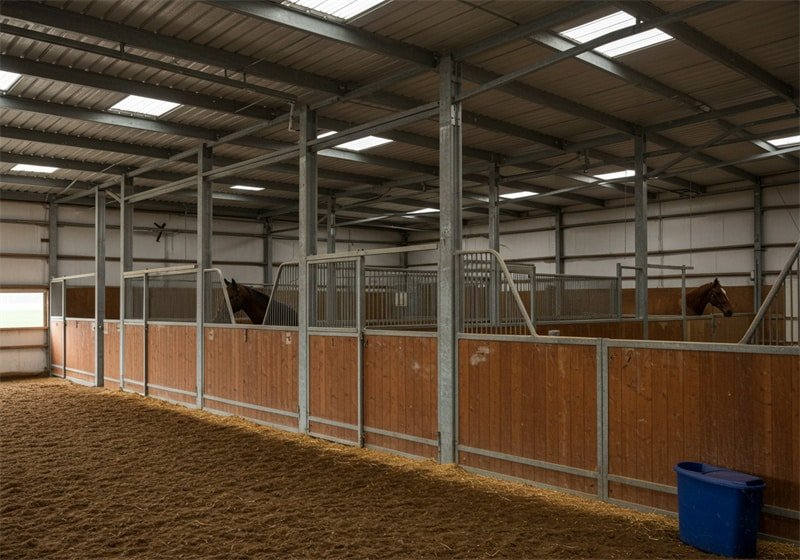 Interior view of modern equestrian facility showing row of horse stalls with galvanized steel frames, wooden lower panels, metal bar upper sections, and horses visible in stalls, featuring overhead fluorescent lighting and natural light from skylights with straw bedding on stable floor.