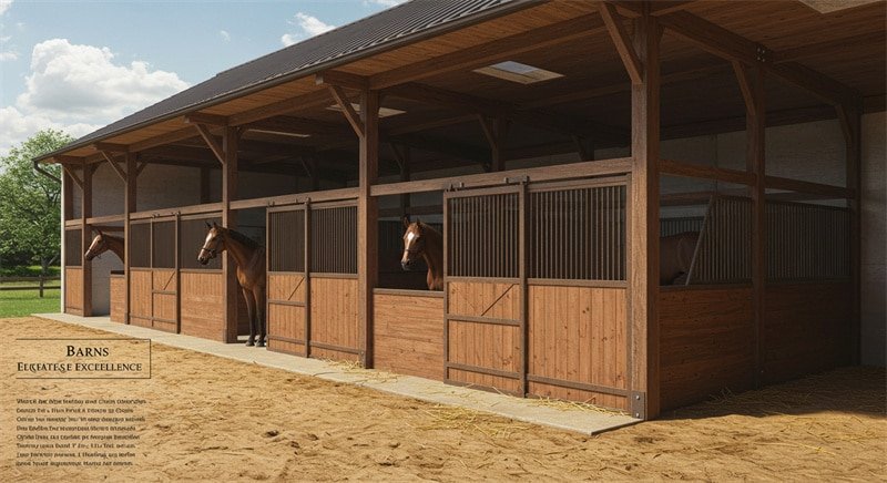 Exterior view of an elegant wooden horse barn with an overhang, featuring multiple stalls with horses looking out. The stalls combine natural wood panels with black metal grates.