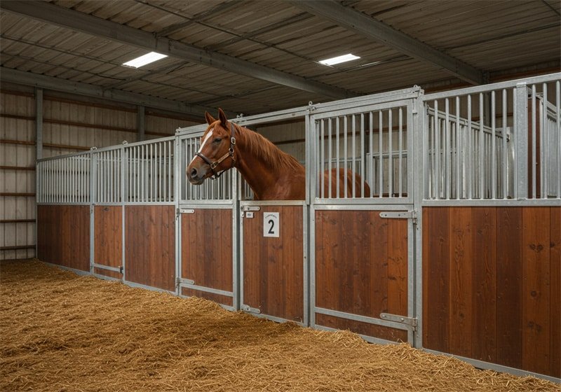 Inside a horse stable, a brown horse with a bridle looks out over the top of its stall door. The stalls are robustly built with dark wooden lower panels and sturdy metal bars on the upper sections. Each stall door has a metal frame and a number plate, with "2" clearly visible on the horse's stall. The ground is covered with straw or hay, and the ceiling above is a metal structure with rectangular skylights providing natural light.