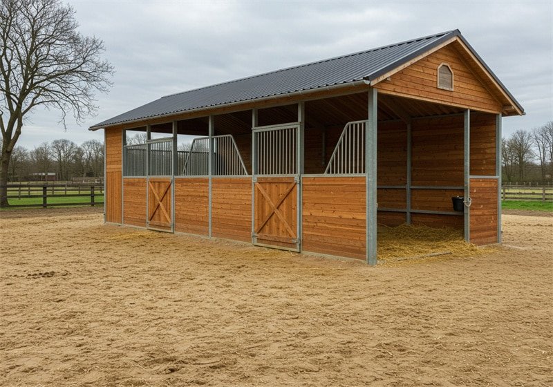A well-constructed, modern outdoor horse stable or shelter stands in a sandy paddock. The structure features rich wooden siding on the lower half and a dark metal roof, supported by metal posts. There are multiple open-front stalls, with the far right section having an A-frame roof detail. In the background, green fields and trees are visible under an overcast sky.