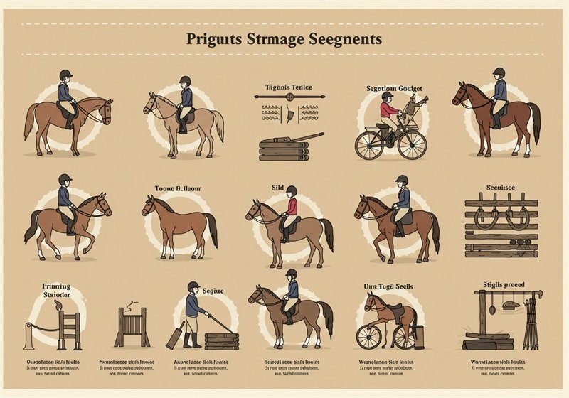 Equestrian training segments infographic showing 12 illustrated horse riding positions, equipment, and stable management activities.