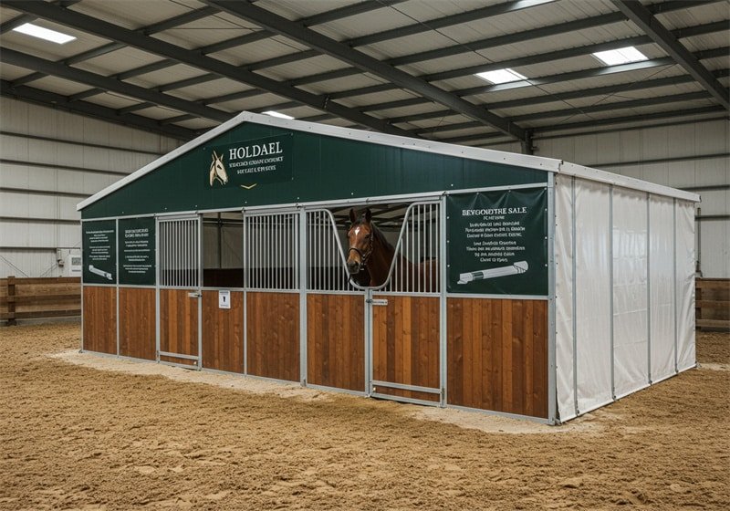 A close-up view of a self-contained, portable horse stall unit is presented within a larger indoor arena setting. The stall structure is green and white on the exterior, with individual stalls featuring wooden lower sections and metal grates on top. A horse is seen looking out from one of the stalls, and branding or informational signage is visible on the green upper panels of the unit.