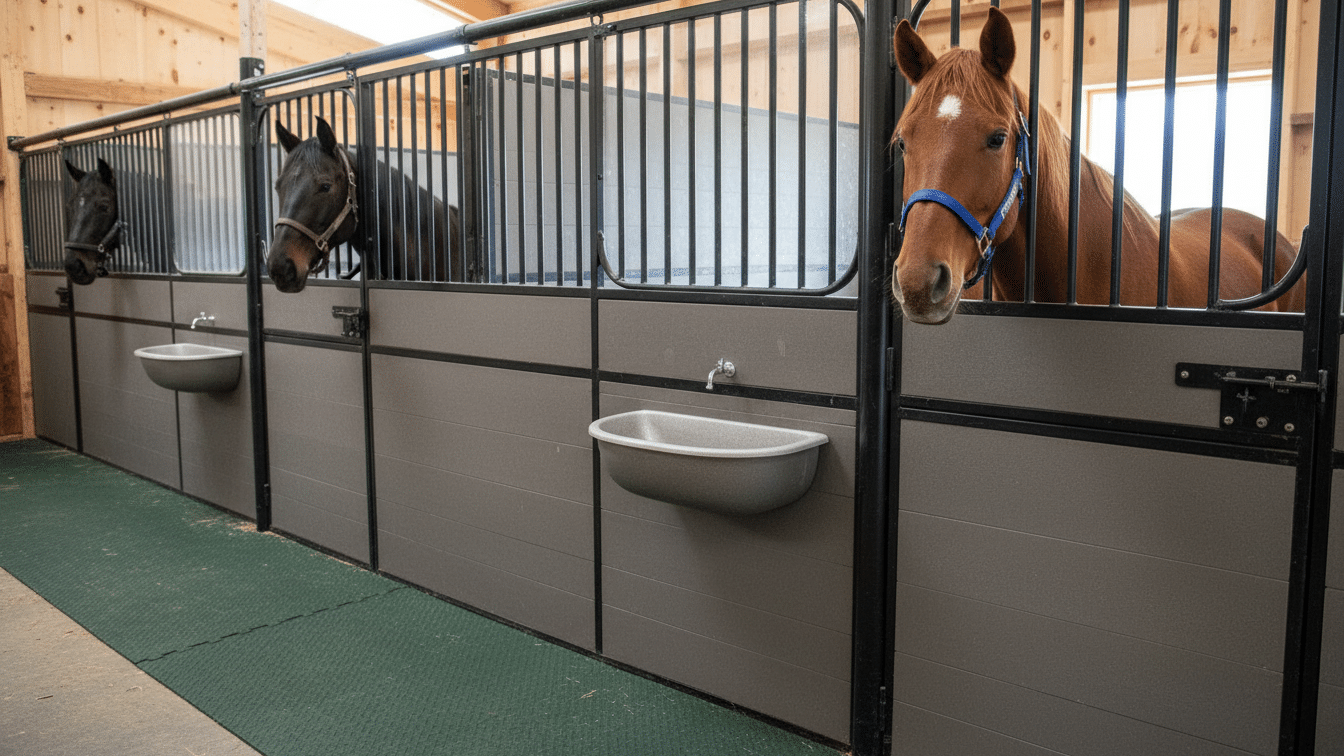 Three horses in individual stalls within a well-lit stable, featuring galvanized steel and powder-coated panels, equipped with feeders and water troughs.