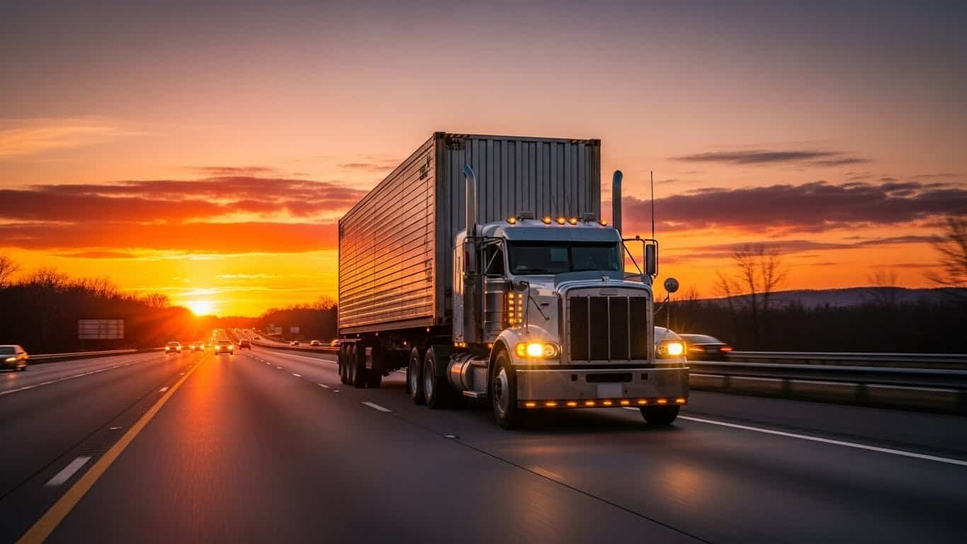 A semi-truck transporting goods on a highway during sunset, symbolizing the export of high-quality horse stable equipment such as stalls, panels, and feeders.