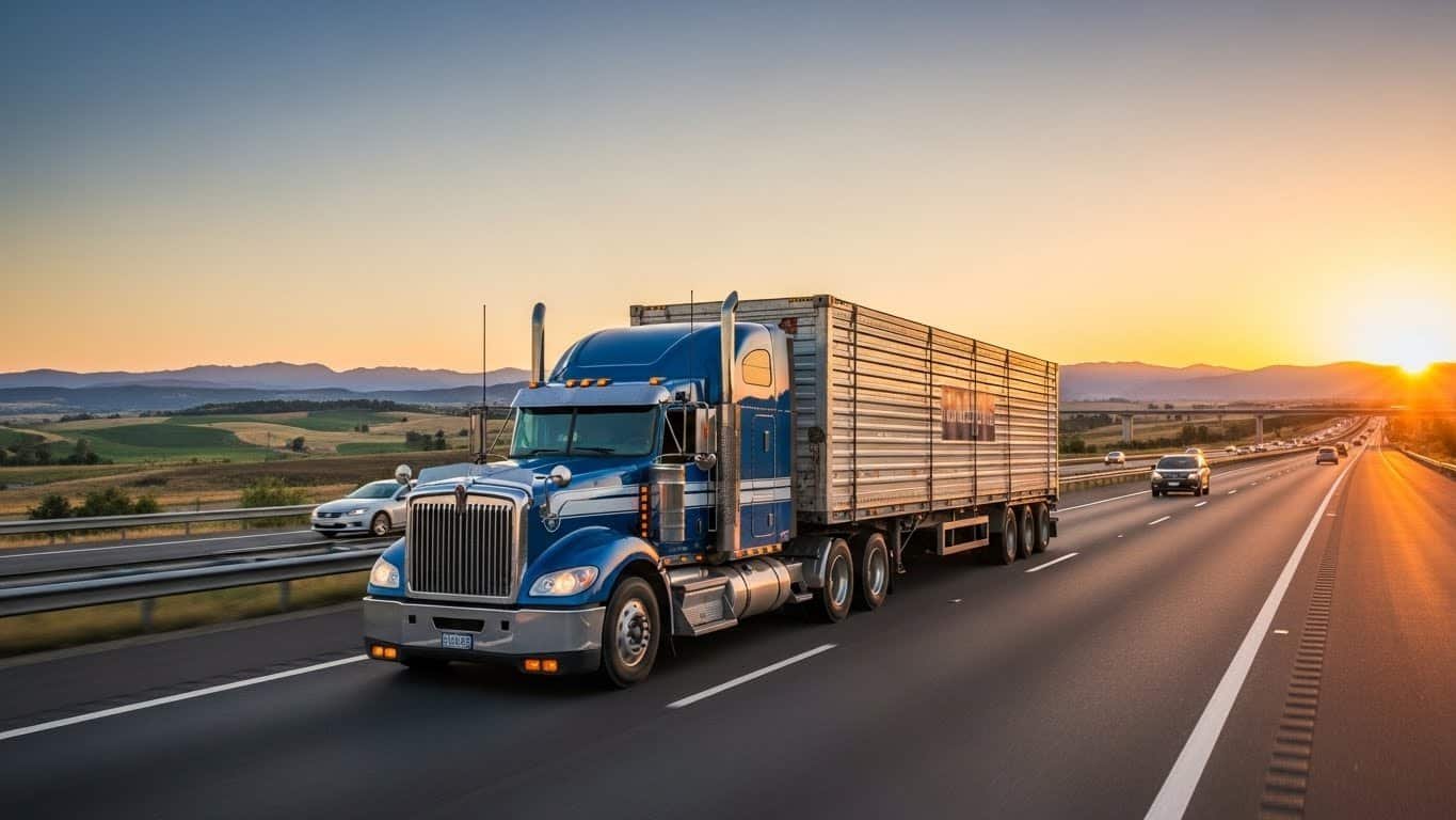 A blue semi-truck transporting galvanized steel stable panels on a highway during sunset, representing the export of high-quality horse stall and stable equipment.