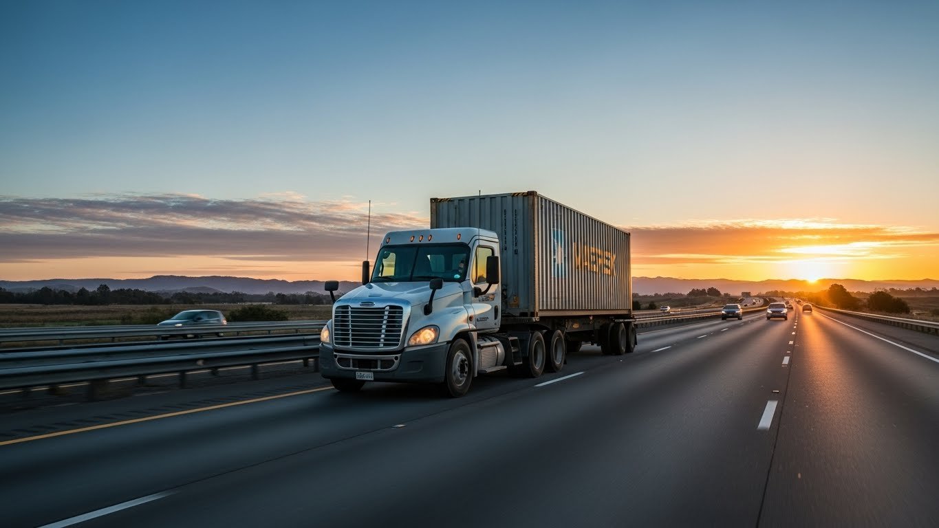 A semi-truck carrying a shipping container drives on a highway at sunset, symbolizing the global export of horse stable equipment such as stalls, panels, and feeders.