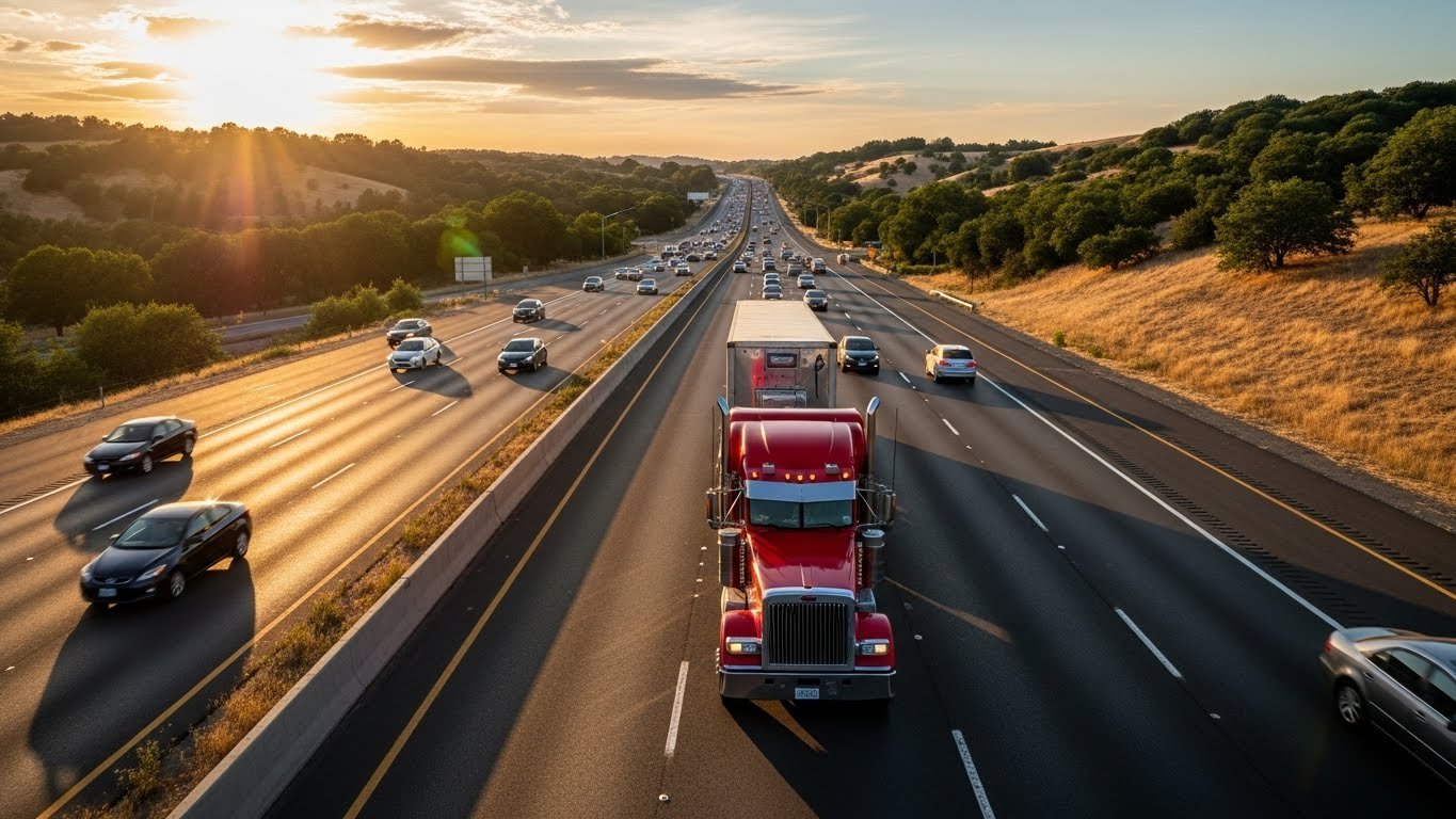 A busy highway with a red semi-truck leading traffic, surrounded by green hills and trees during sunset, symbolizing the export journey of high-quality horse stable equipment.