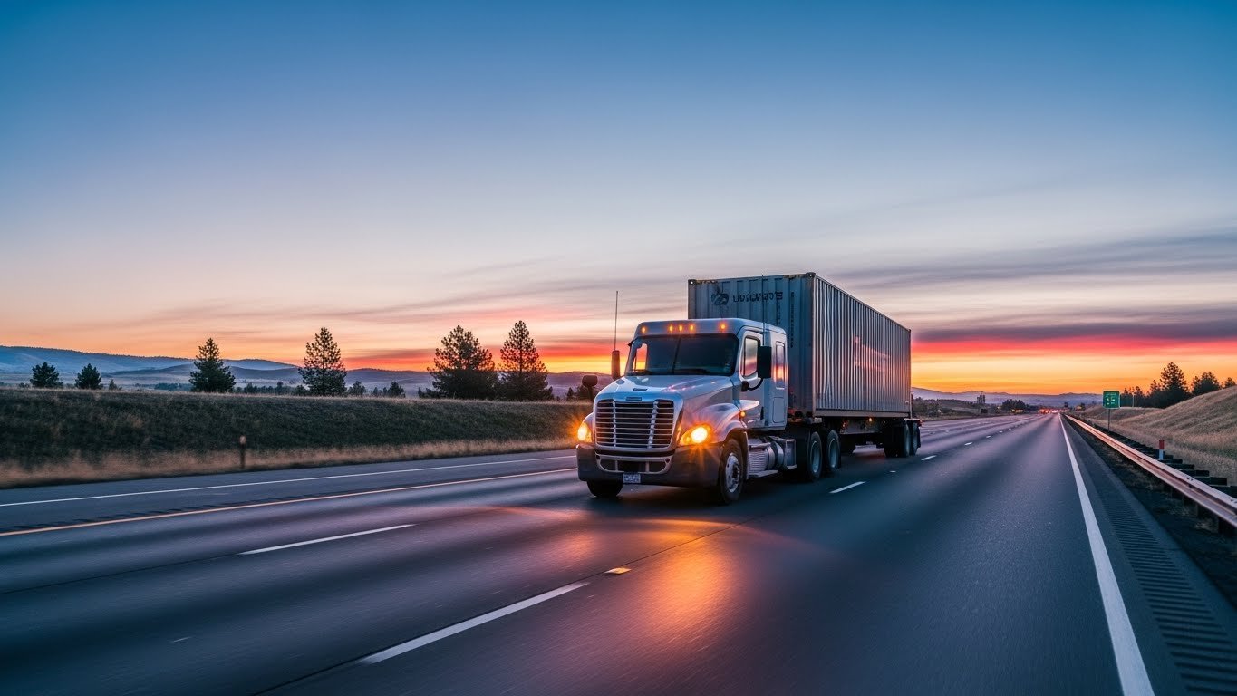 A semi-truck driving on a highway at sunset, symbolizing the delivery of high-quality horse stable equipment including stalls, panels, saddle racks, hay racks, and feeders.