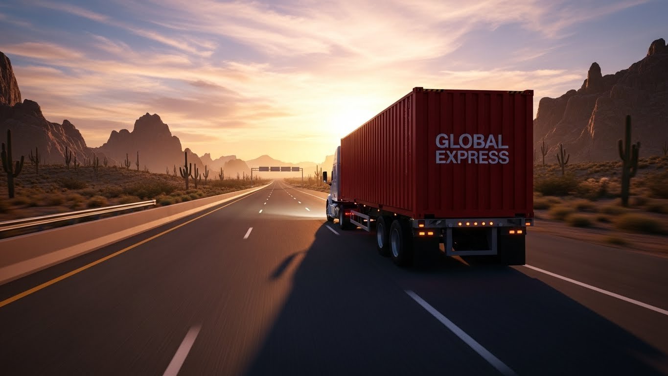 A red semi-truck labeled 'GLOBAL EXPRESS' travels down a desert highway at sunset, with cacti and rocky mountains in the background.