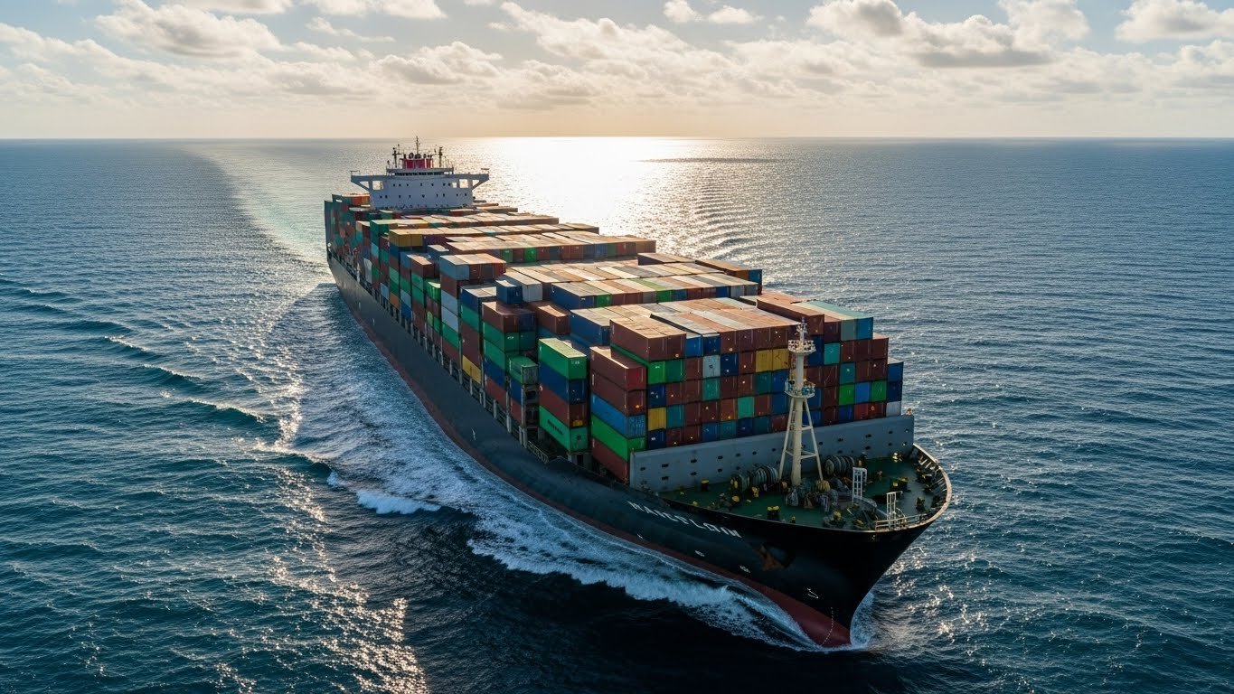 A large cargo ship loaded with colorful shipping containers sails across the ocean, symbolizing international trade and delivery of horse stable equipment.