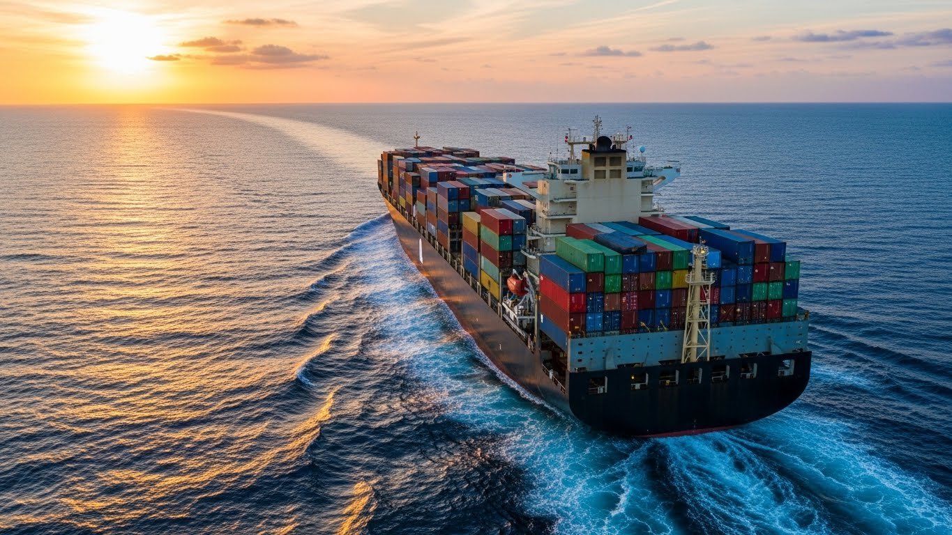 A large cargo ship loaded with colorful shipping containers sails across the ocean at sunset, symbolizing the global export of horse stable equipment such as stalls, panels, and feeders.