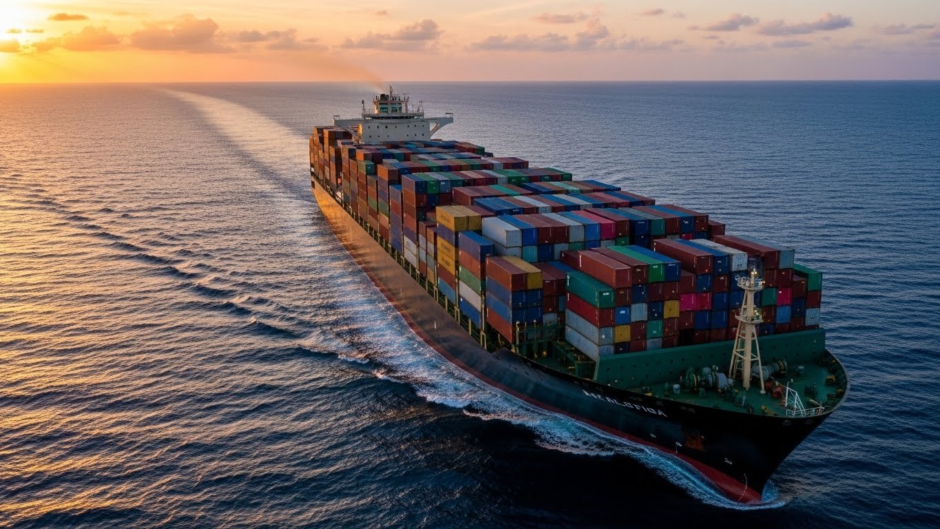 A large cargo ship loaded with colorful shipping containers sails across the ocean at sunset, symbolizing global trade and delivery of horse stable equipment.