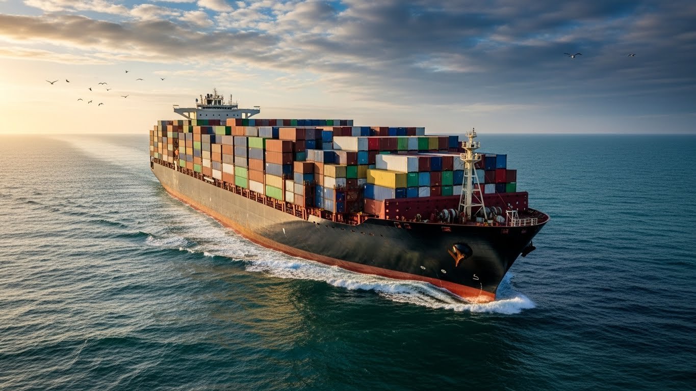 A large cargo ship loaded with colorful shipping containers sails across the ocean at sunset, symbolizing global export of horse stable equipment.