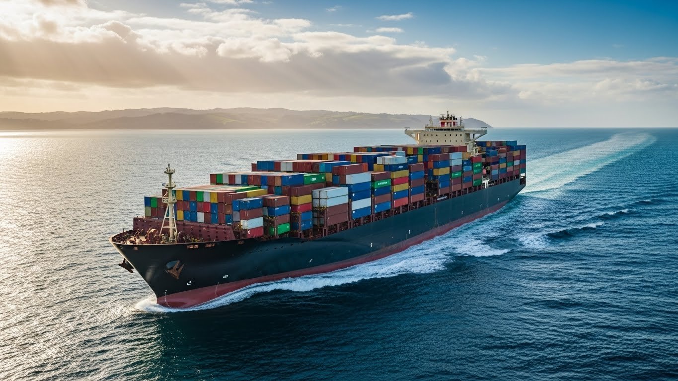 A large cargo ship loaded with colorful shipping containers sails across the ocean, symbolizing global export capabilities for horse stable equipment.