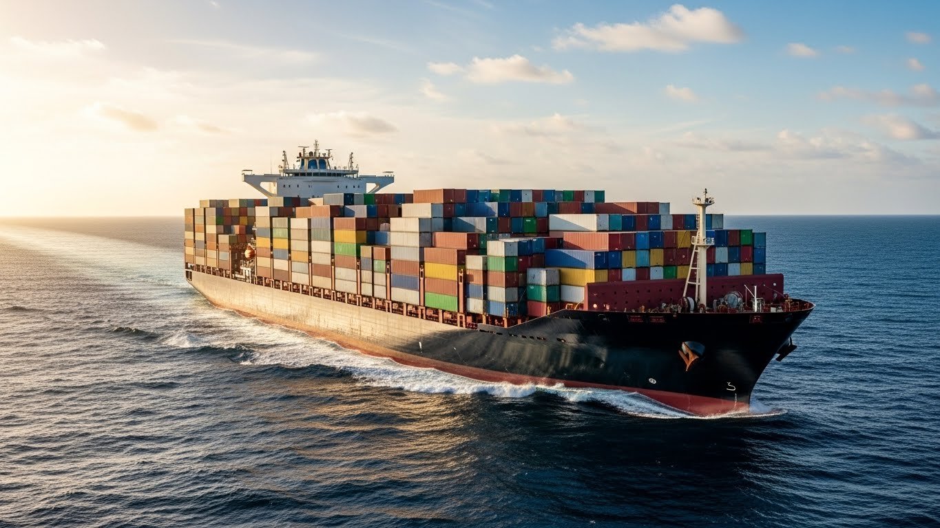 A large cargo ship loaded with colorful shipping containers sails across the ocean under a clear sky, symbolizing global export capabilities for horse stable equipment.