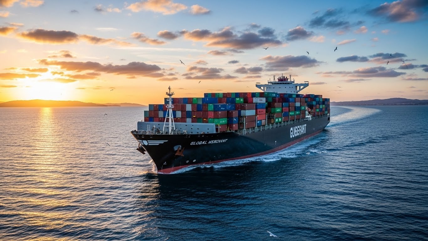 A large cargo ship named 'GLOBAL MERCHANT' sails across the ocean at sunset, carrying colorful shipping containers. The sky is painted with warm hues of orange and yellow, reflecting on the water, while seagulls fly overhead.