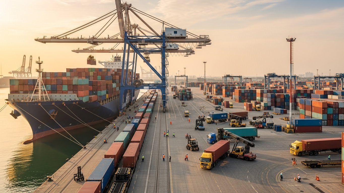 A bustling port with a large cargo ship docked alongside cranes loading containers, surrounded by stacks of shipping containers and various vehicles, symbolizing global trade and logistics.
