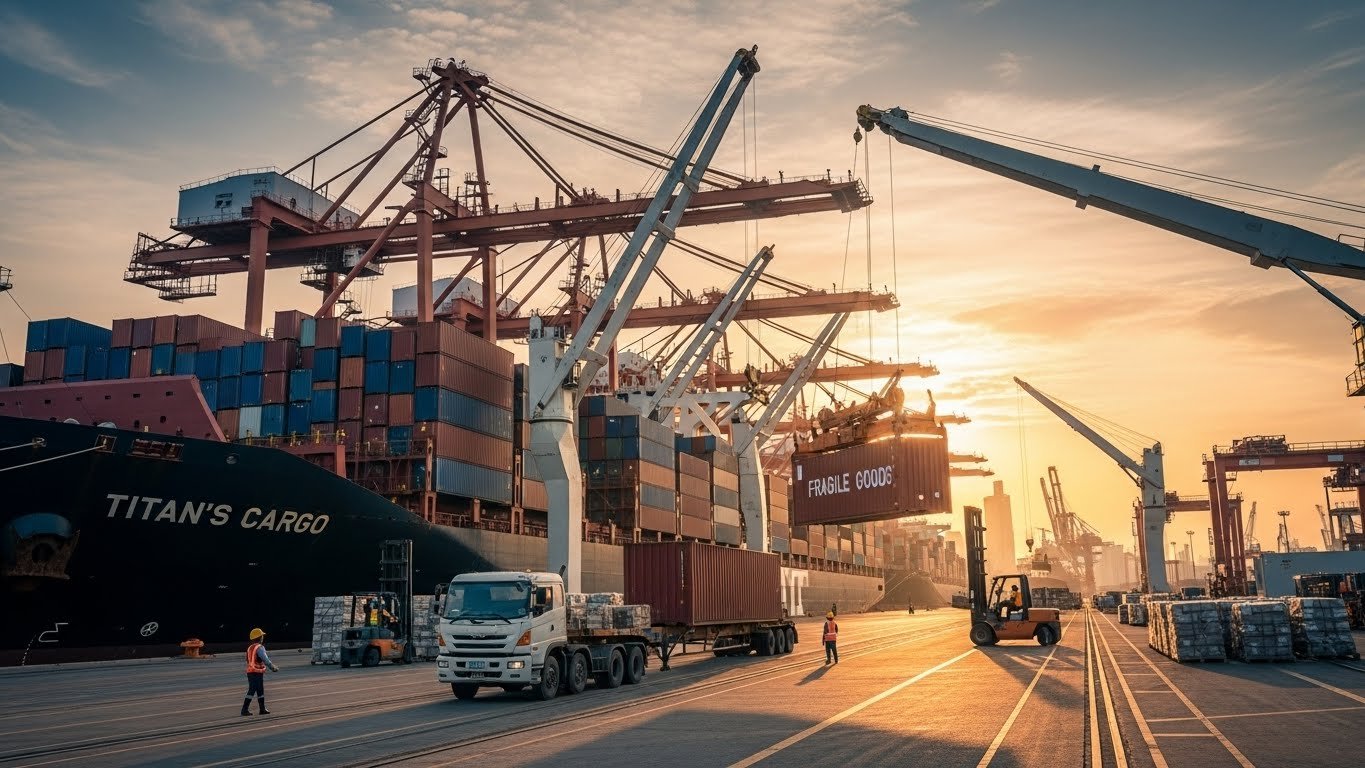 A bustling port scene with cranes loading shipping containers onto a cargo vessel named 'Titan's Cargo,' symbolizing the global export of high-quality horse stable equipment.