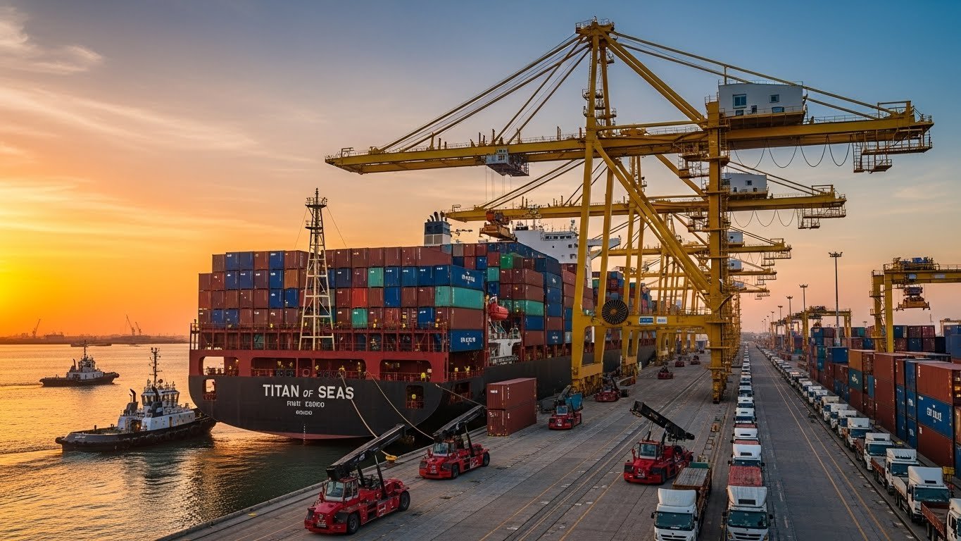 A bustling port at sunset with a large cargo ship named 'Titan of Seas' docked alongside yellow cranes and stacks of colorful shipping containers, symbolizing global trade and export capabilities.