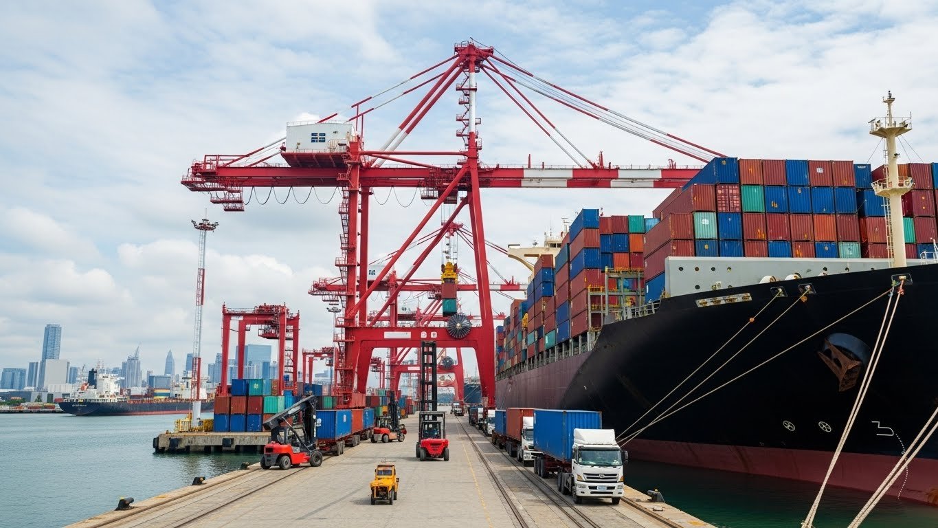 A bustling port scene with red cranes loading colorful shipping containers onto a large cargo ship, symbolizing global trade and export capabilities for horse stable equipment.