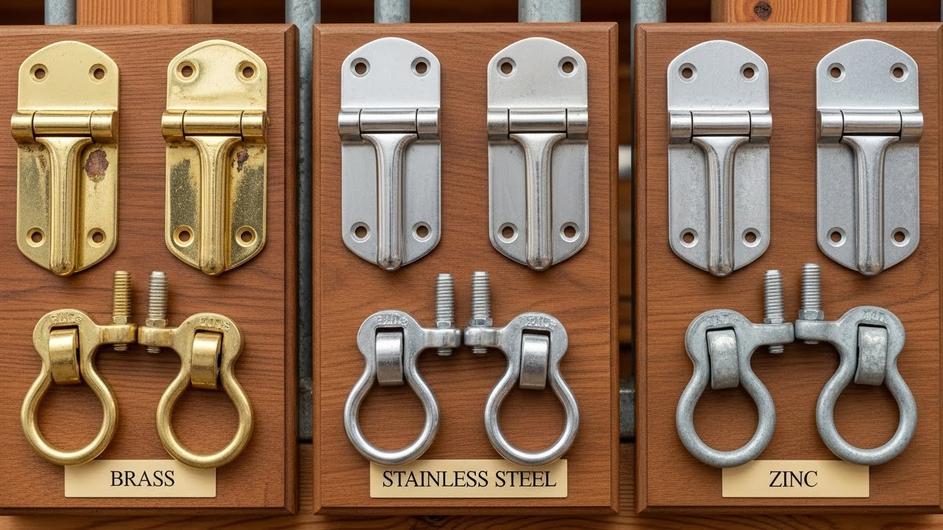 A display of three types of stable hardware hinges and latches made from brass, stainless steel, and zinc, mounted on wooden panels for comparison.