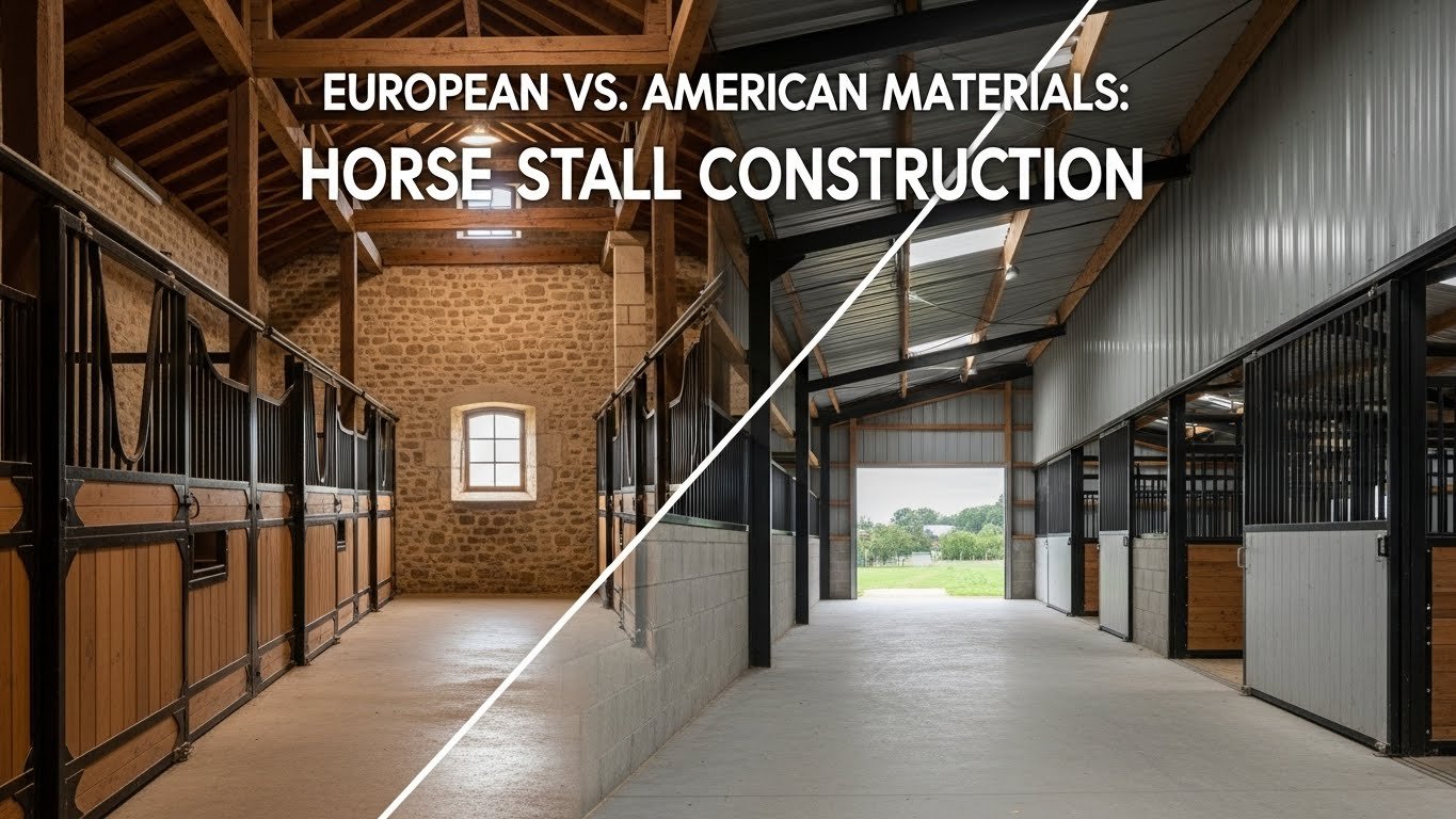A split image showcasing two horse stall designs: the left side features a traditional European style with stone walls and wooden stalls, while the right side displays a modern American design with metal siding and concrete flooring.