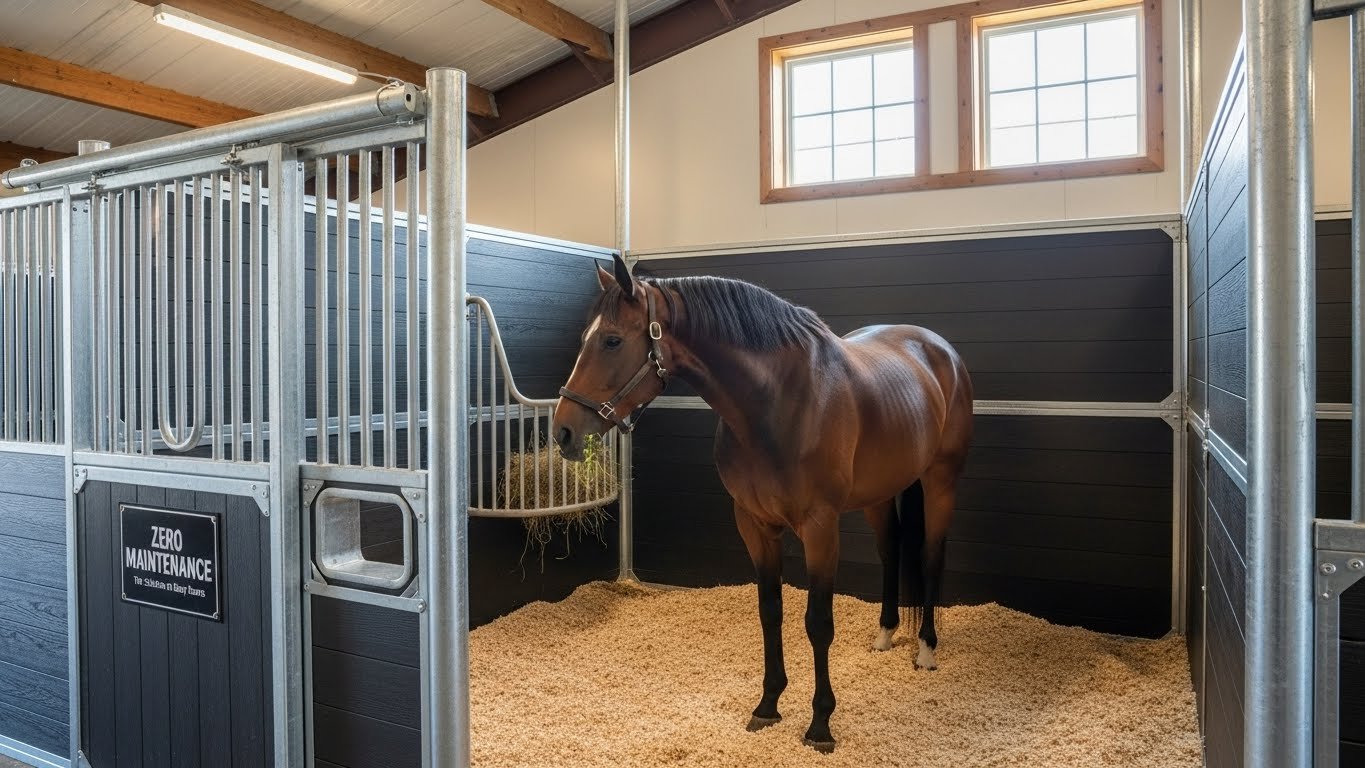 A brown horse stands in a clean, modern stable stall with galvanized steel fencing and black panels, featuring a hay rack and wood shavings on the floor.