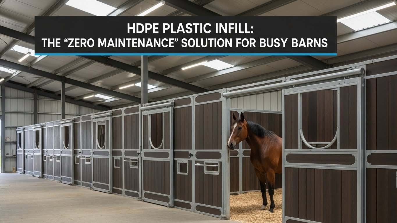 A modern horse stable with rows of sleek, dark brown stalls featuring HDPE plastic infill. A chestnut horse stands in one of the open stalls, showcasing the durable and low-maintenance design ideal for busy barns.