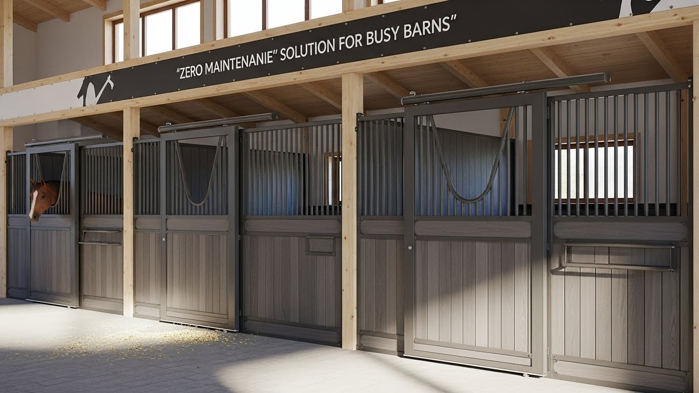 A row of modern horse stalls with galvanized steel and powder-coated panels, featuring a 'Zero Maintenance' solution for busy barns. One stall has a horse peeking out, showcasing the equipment's functionality and design.