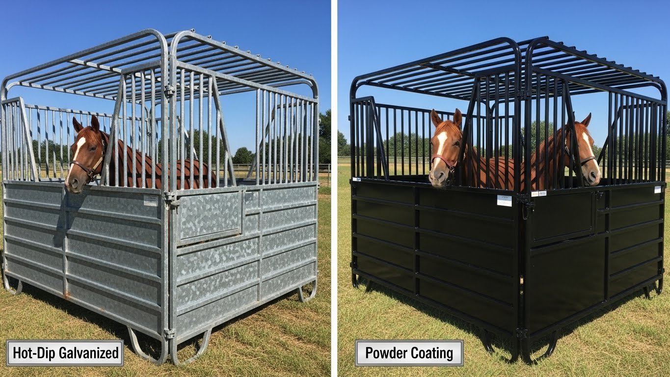Two horse stalls side by side, one hot-dip galvanized and the other powder-coated, both housing horses in a grassy outdoor setting.