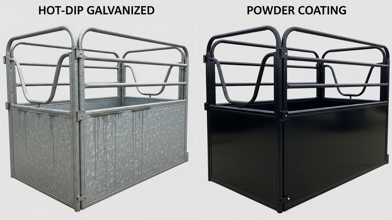Comparison of two horse stable equipment containers: one hot-dip galvanized with a metallic finish and the other powder-coated in black, showcasing different finishes for durability and aesthetics.