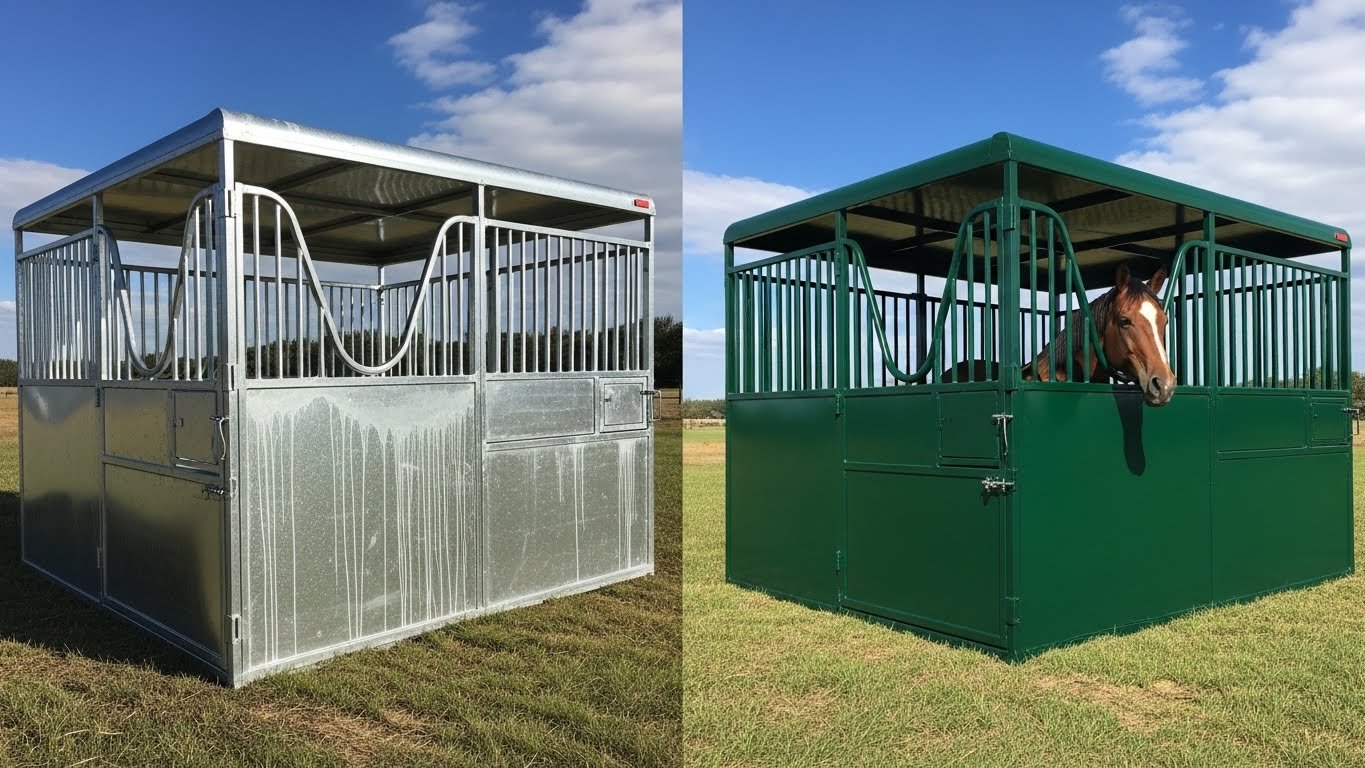 Two horse stalls side by side on a grassy field; one is silver galvanized steel and the other is green powder-coated with a horse peeking out from inside.