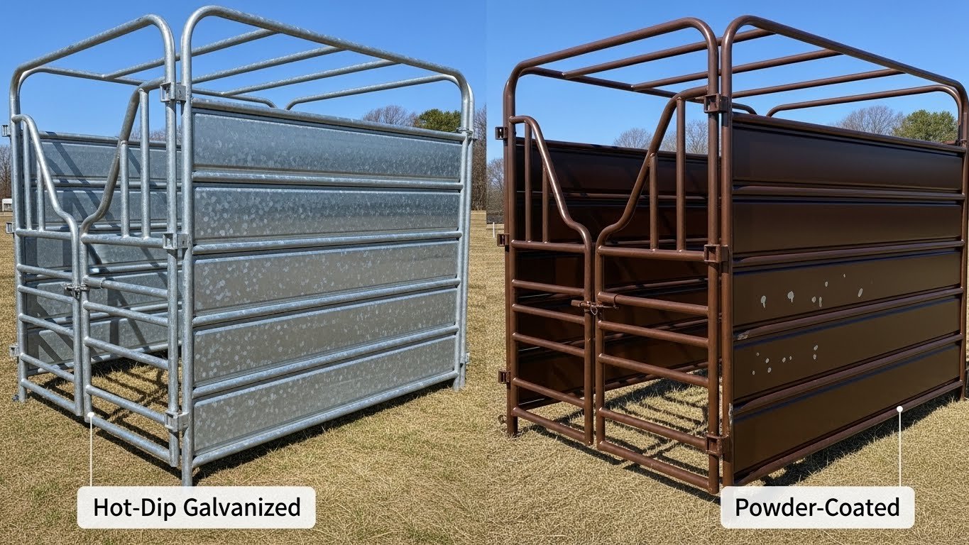 Comparison of two horse stable equipment panels: one hot-dip galvanized and the other powder-coated, both designed for durability and use in equestrian facilities.
