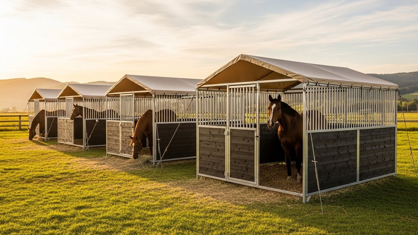 A row of modern horse stalls with galvanized steel frames and wooden panels, each housing a horse in a grassy field under a clear sky.