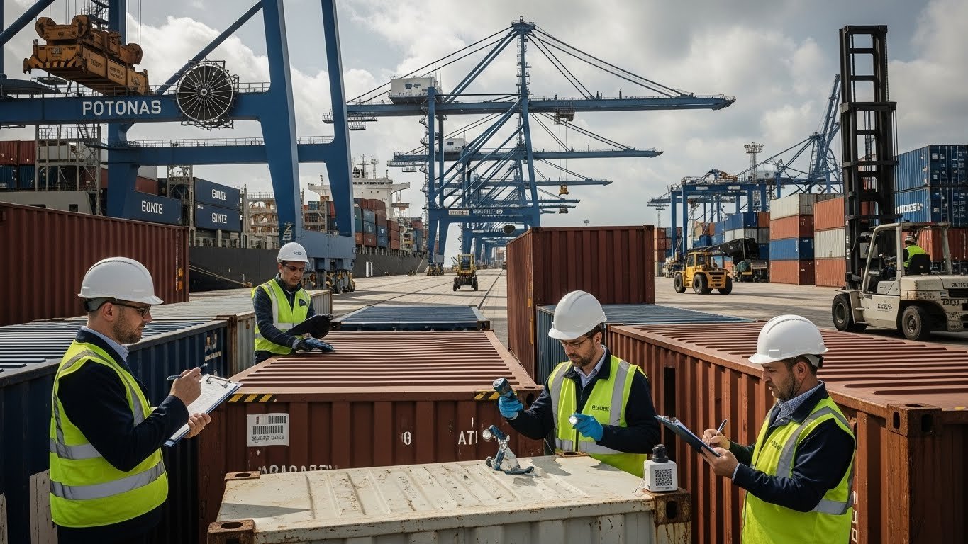 Four workers in high-visibility vests and hard hats inspecting shipping containers at a bustling port, symbolizing the global export of horse stable equipment.