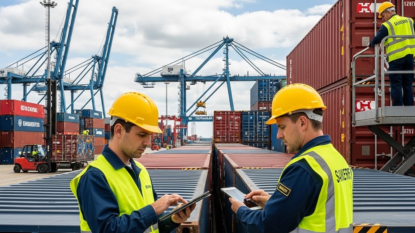 Workers in high-visibility vests and hard hats use tablets at a busy shipping container port, showcasing the logistics of exporting horse stable equipment like stalls, panels, and feeders.